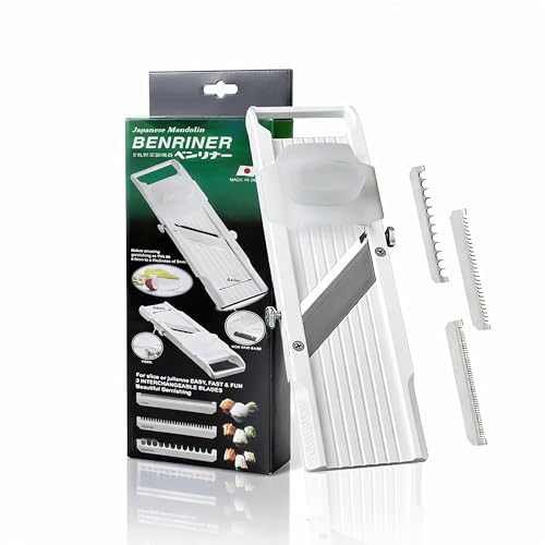 Benriner Japanese Mandoline Slicer – Vegetable Slicer with 4 Stainless Steel Blades, BPA-Free Adjustable Vegetable Cutter – Official US Version with Authentic Retail Packaging